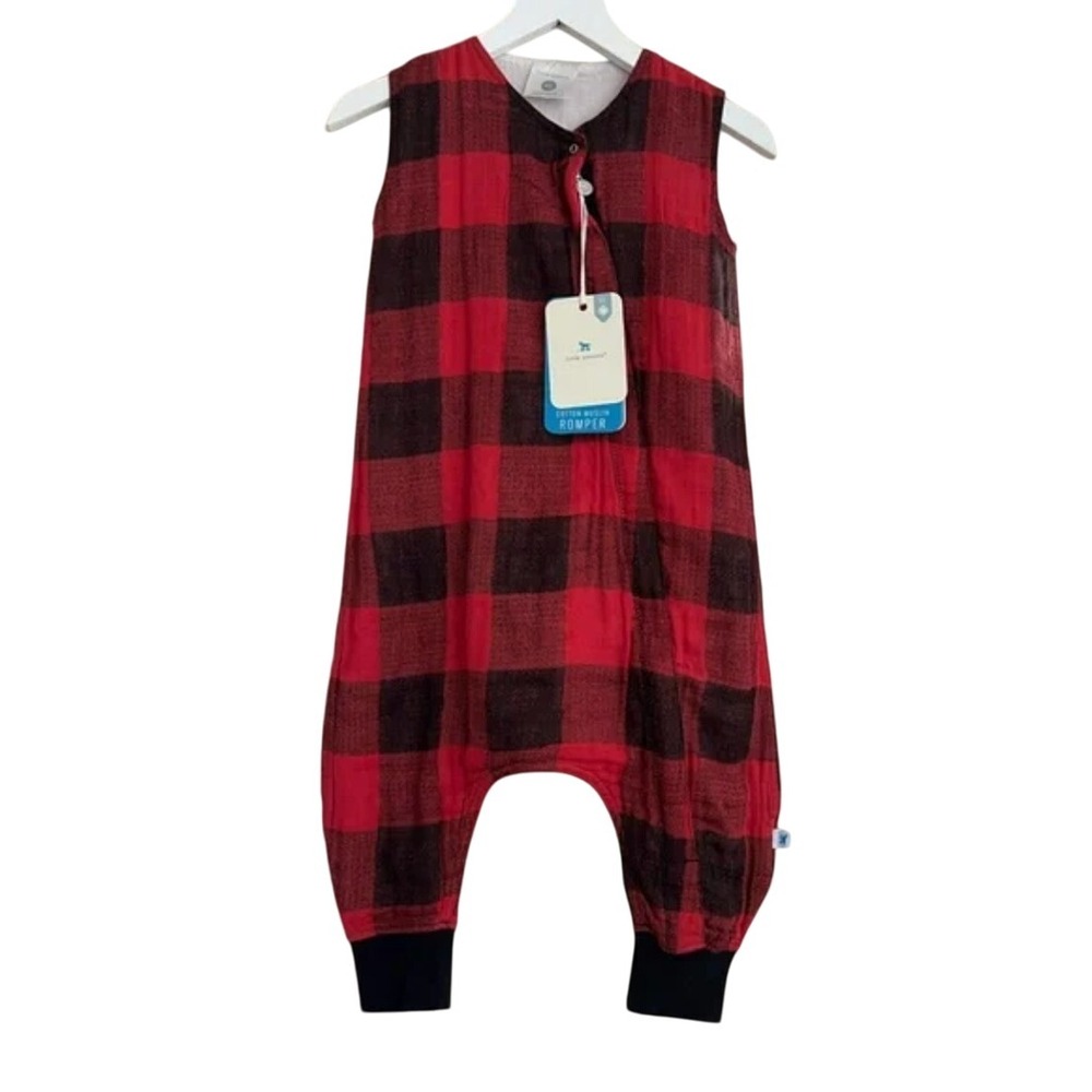 Little Unicorn Cotton Muslin Romper‎ Red Plaid Medium NWT